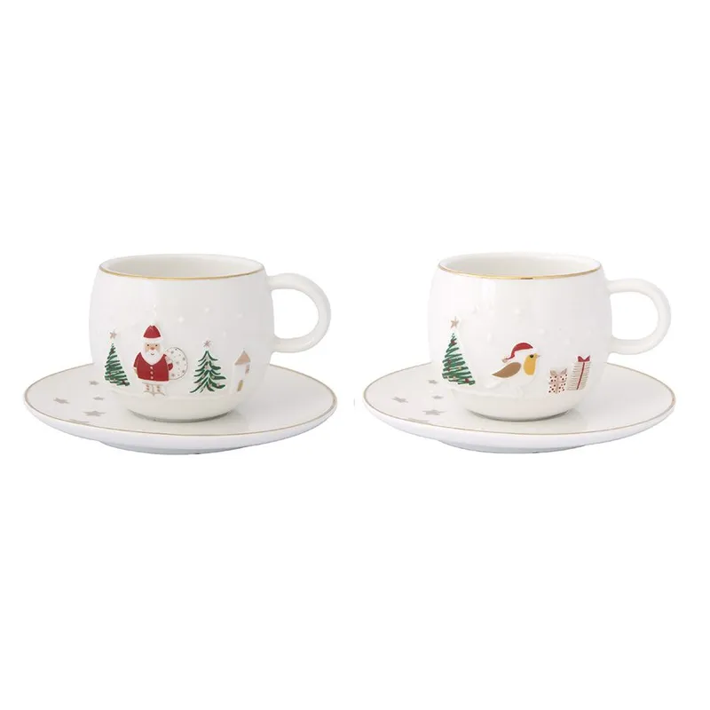 Набор кофейных чашек с блюдцем let it snow, santa & bird, 120 мл, 2 шт.