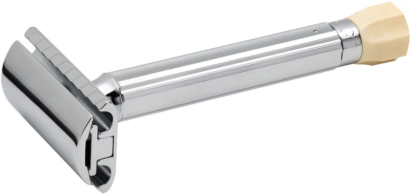 Станок Т-образный для бритья MERKUR 510C, глянцевое хромированное покрытие, прямой срез, закрытый гребень, длинная ручка, лезвие в комплекте (1 шт)