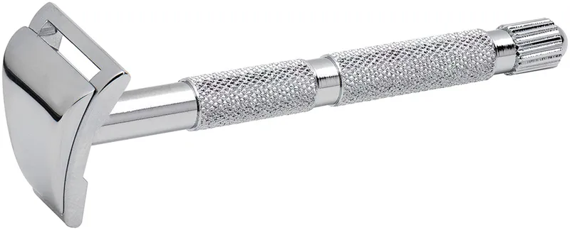 Станок контурный для бритья MERKUR 907C, глянцевое хромированное покрытие, прямой срез, короткая ручка, лезвие в комплекте (1 шт)