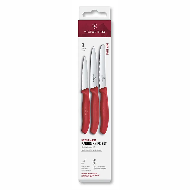 Набор из 3 ножей VICTORINOX Швейцарская классика | Swiss Classic: нож для овощей 8 см, нож для овощей 10 см, столовый нож 11 см, красная ручка