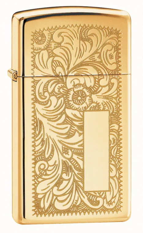 Зажигалка ZIPPO узкая Венецианская с покрытием глянцевая латунь | Slim® Venetian® High Polish Brass, латунь/сталь, золотистая, глянцевая, 29x10x60 мм