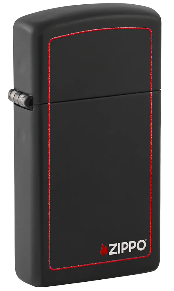 Зажигалка ZIPPO узкая с фирменным логотипом и красной окантовкой с черным матовым покрытием | Slim® Black Matte, латунь/сталь, чёрная, 29x10x60 мм