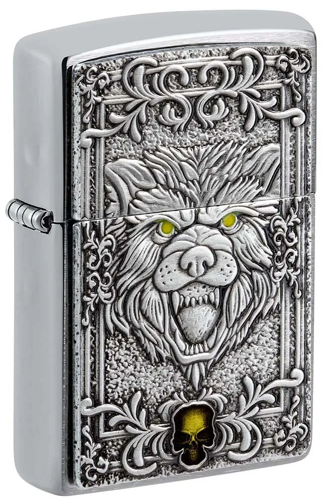 Зажигалка ZIPPO Эмблема с головой волка с покрытием матовый хром | Wolf Emblem Brushed Chrome, латунь/сталь, серебристая, 36x13x57 мм