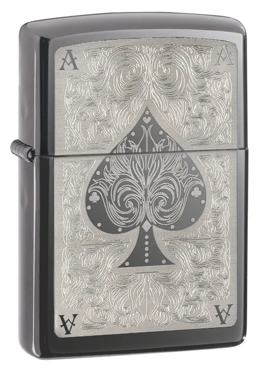 Зажигалка ZIPPO Филигранный туз с покрытием черный лед | Ace Filigree Black Ice ®, латунь/сталь, чёрная, глянцевая, 38x13x57 мм