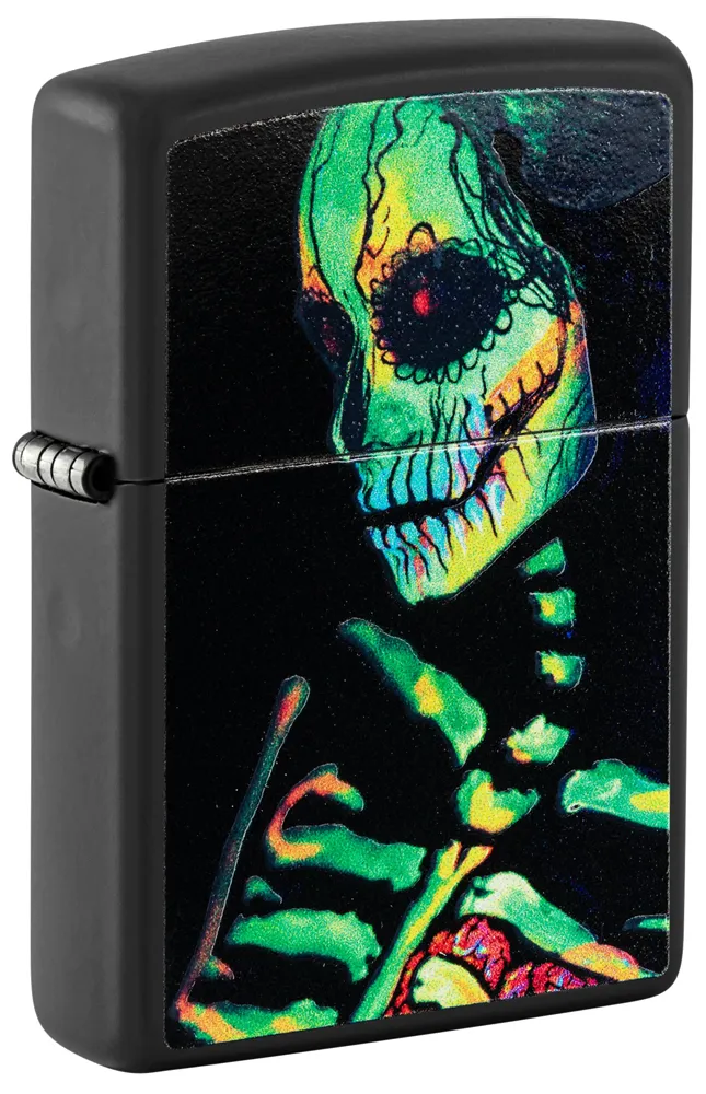 Зажигалка ZIPPO Скелет с покрытием черный свет | Skeleton Design Black Light, латунь/сталь, черная, матовая, 38x13x57 мм