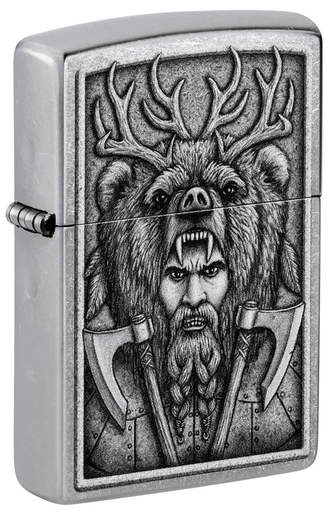 Зажигалка ZIPPO Варвар с покрытием поцарапанный хром | Barbarian Design Street Chrome, латунь/сталь, серебристая, 38x13x57 мм