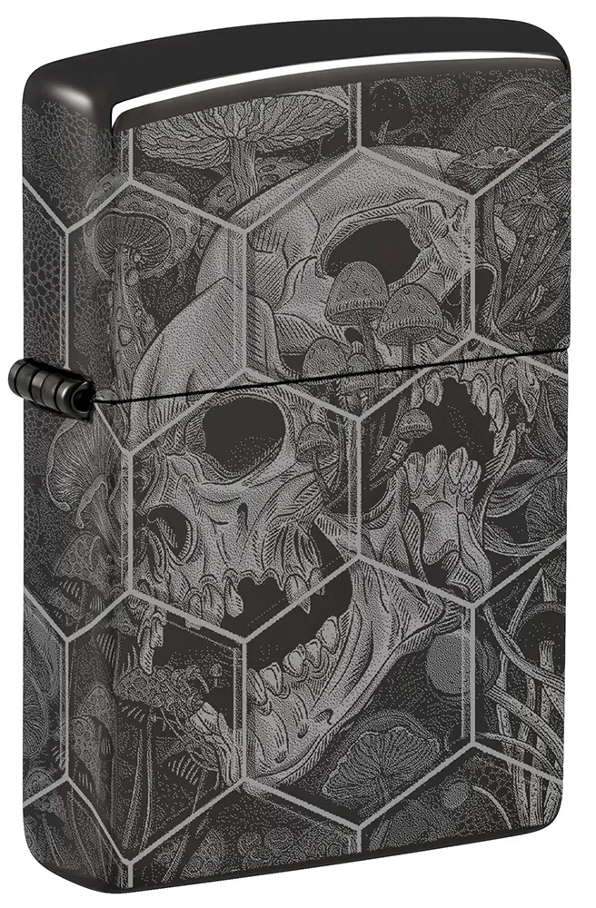 Зажигалка ZIPPO Грибы и черепа с черным глянцевым покрытием | Mushroom Skulls High Polish Black, латунь/сталь, черная, глянцевая, 38x13x57 мм