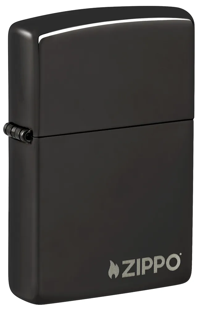 Зажигалка ZIPPO Логотип с черным глянцевым покрытием | Logo High Polish Black, латунь/сталь, чёрная с логотипом, глянцевая, 38x13x57 мм