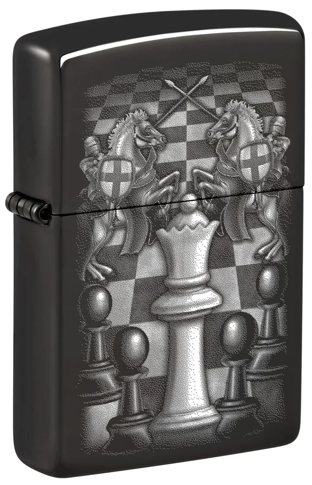 Зажигалка ZIPPO Шахматы с черным глянцевым покрытием | Chess Design High Polish Black, латунь/сталь, черная, 38x13x57 мм
