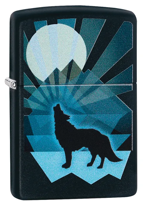 Зажигалка ZIPPO Волк и луна с черным матовым покрытием | Wolf and Moon Black Matte, латунь/сталь, чёрная, матовая, 38x13x57 мм