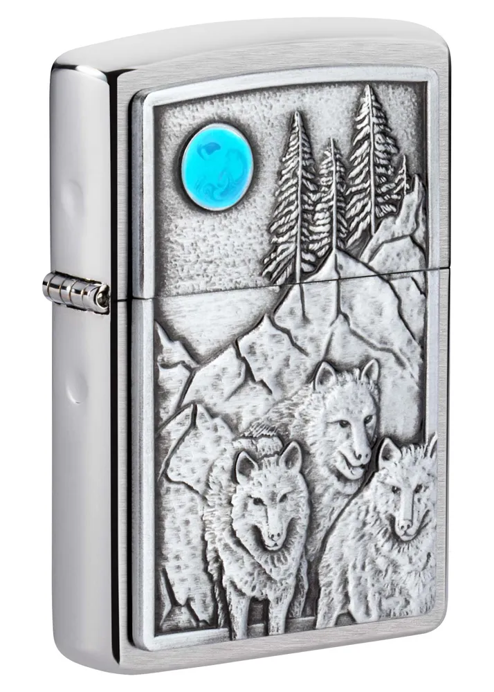 Зажигалка ZIPPO Волки с покрытием матовый хром | Wolf Design Brushed Chrome, латунь/сталь, серебристая, 38x13x57 мм
