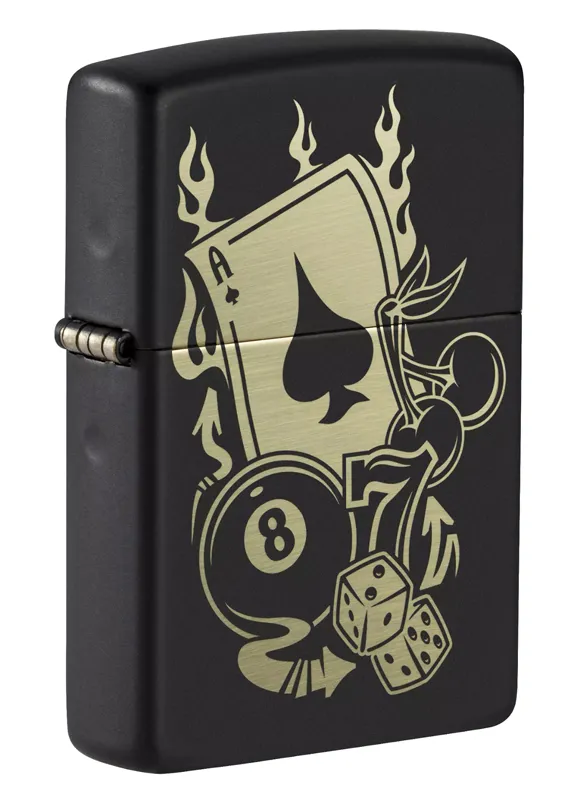 Зажигалка ZIPPO Азартные игры с черным матовым покрытием | Gambling Design Black Matte, латунь/сталь, чёрная, матовая, 38x13x57 мм