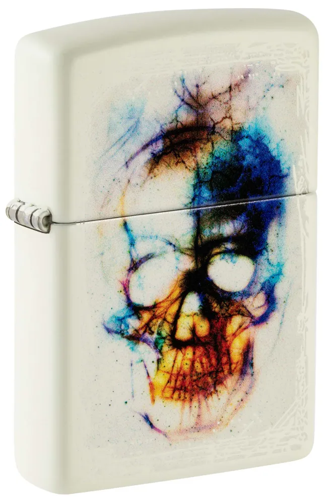 Зажигалка ZIPPO Череп с покрытием, светящимся в темноте зеленым | Skull Design Glow In The Dark Green, латунь/сталь, белая, 38x13x57 мм