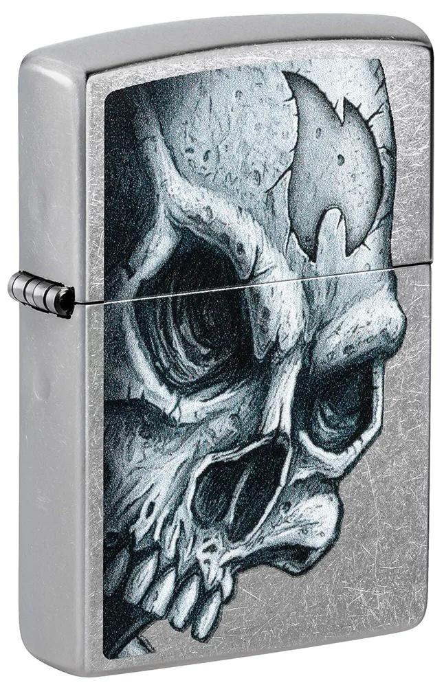 Зажигалка ZIPPO Череп и пламя с покрытием поцарапанный хром | Skull and Flame Street Chrome, латунь/сталь, серебристая, матовая, 38x13x57 мм