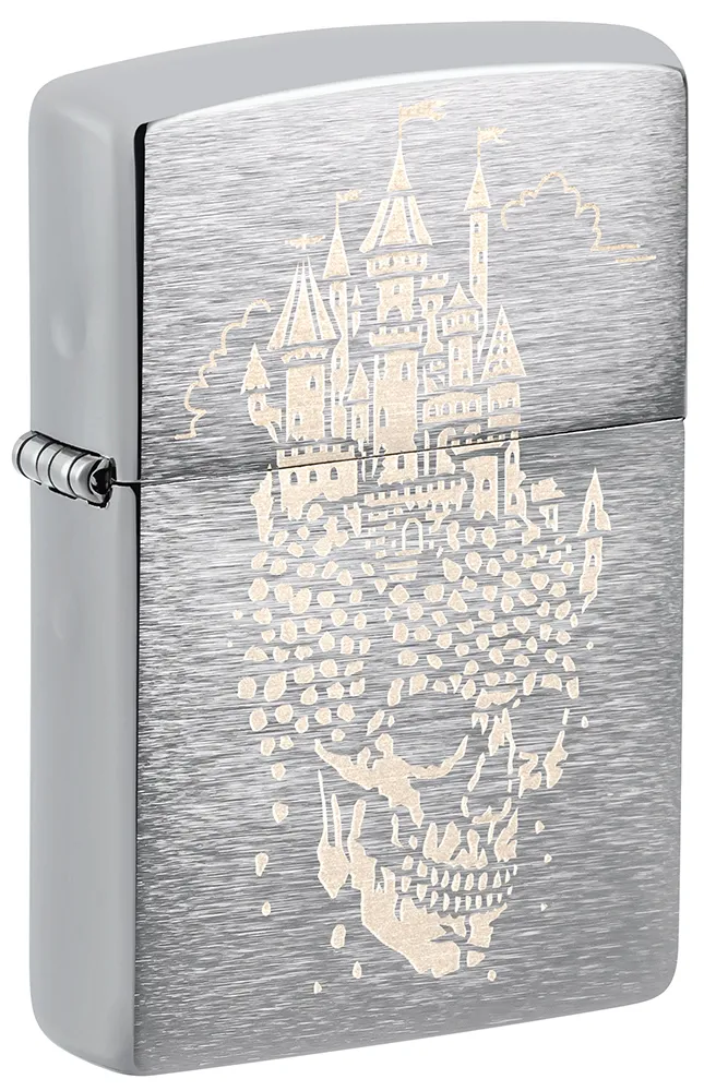 Зажигалка ZIPPO Замок черепа с покрытием матовый хром | Skull Castle Design Brushed Chrome, латунь/сталь, серебристая, 38x13x57 мм
