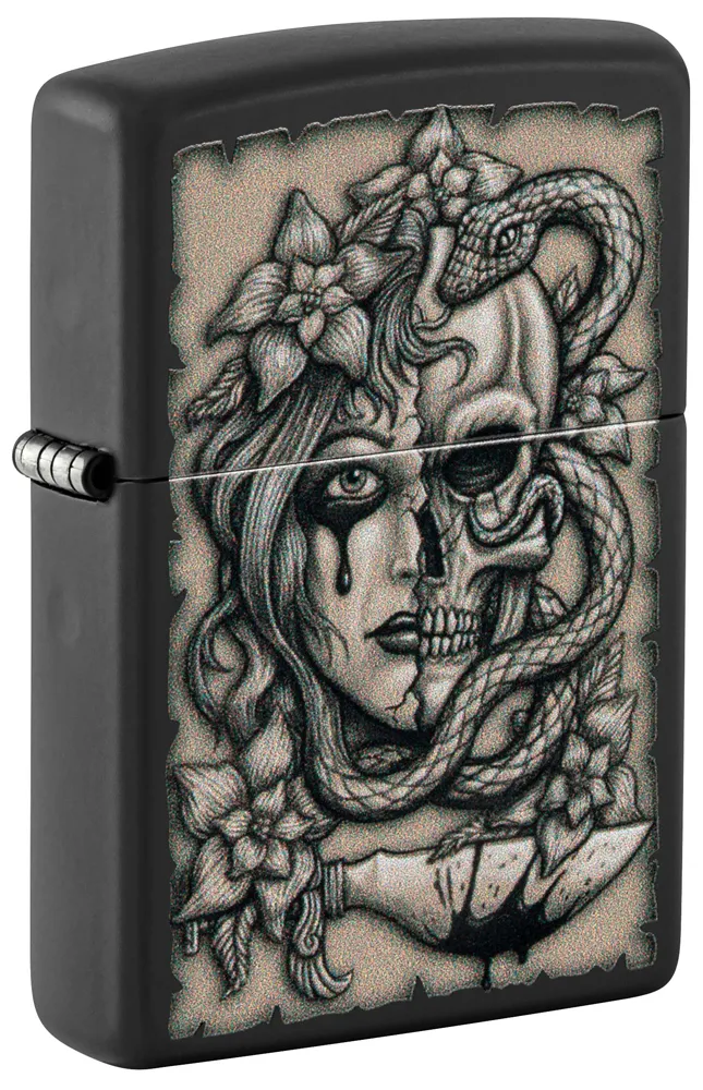 Зажигалка ZIPPO Окровавленное тату с черным матовым покрытием | Gory Tattoo Black Matte, латунь/сталь, черная, матовая, 38x13x57 мм