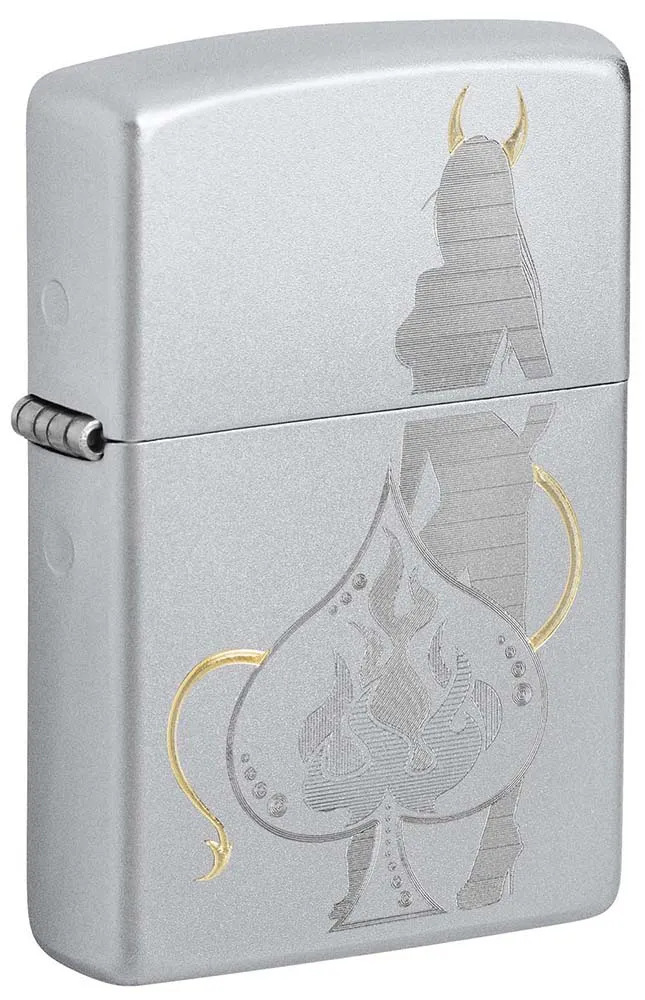 Зажигалка ZIPPO Дьявольский туз пик с покрытием сатинированный хром | Devilish Ace Satin Chrome, латунь/сталь, серебристая, 38x13x57 мм
