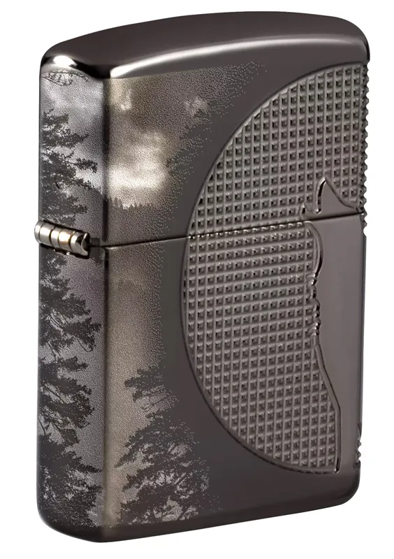 Зажигалка ZIPPO Armor™ Волк с глянцевым покрытием Черный лед | Wolf High Polish Black Ice®, латунь/сталь, чёрная, 38x13x57 мм