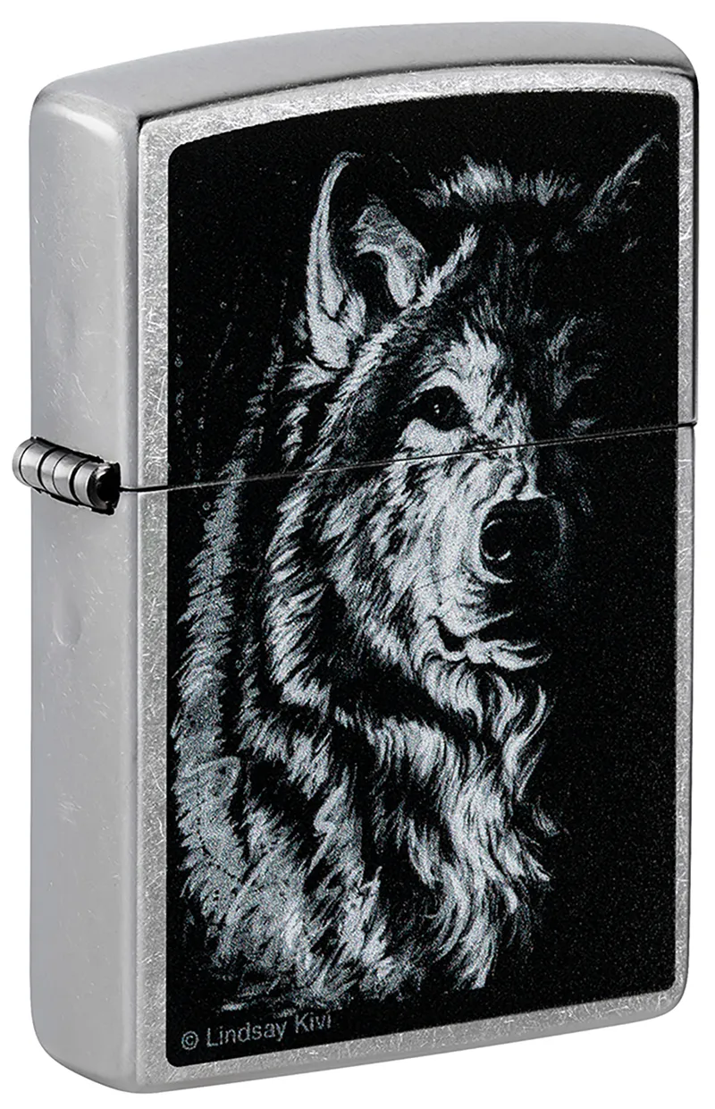 Зажигалка ZIPPO Линдси Киви «Теневой волк» с покрытием поцарапанный хром | Lindsay Kivi Shadow Wolf Street Chrome,латунь/сталь,серебристая,38x13x57 мм