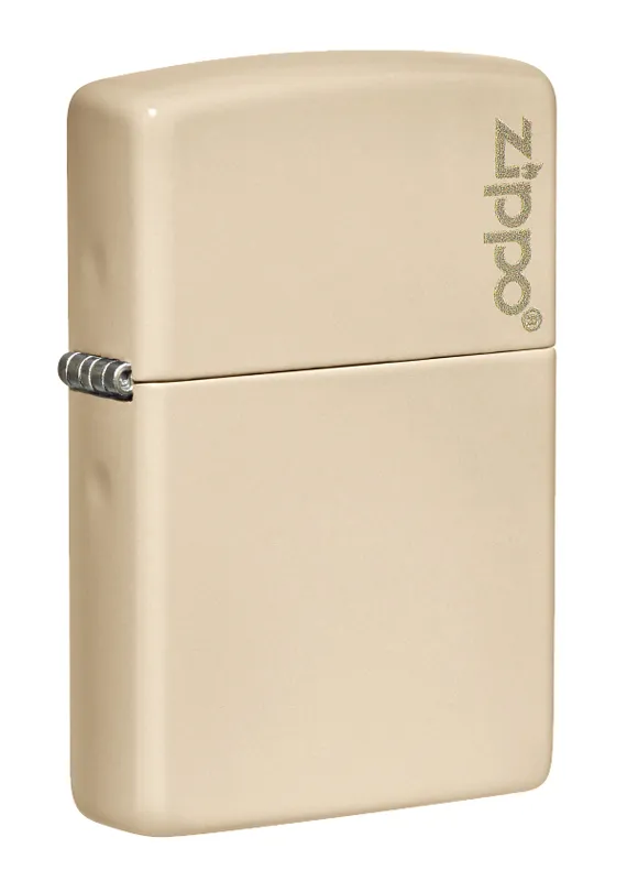 Зажигалка ZIPPO Логотип со светло-песочным покрытием | Logo Flat Sand, латунь/сталь, бежевая, глянцевая, 38x13x57 мм