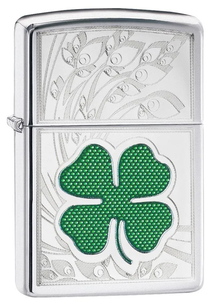 Зажигалка ZIPPO Клевер с покрытием Глянцевый хром | Clover High Polish Chrome, латунь/сталь, серебристая, 38x13x57 мм