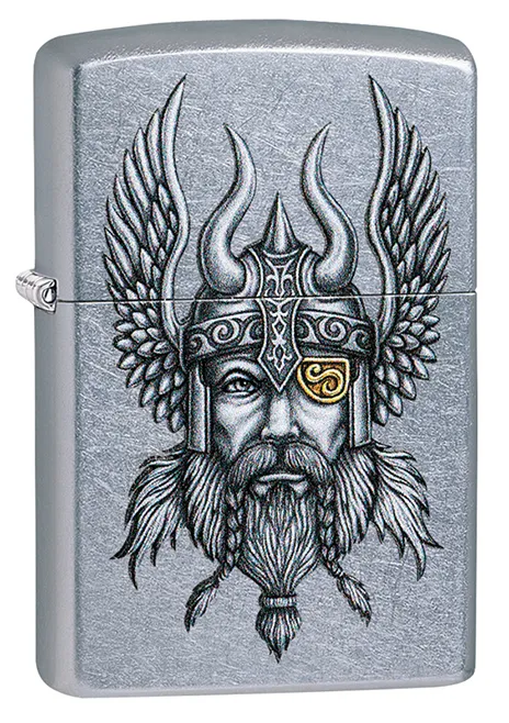 Зажигалка ZIPPO Викинг с покрытием поцарапанный хром | Viking Warrior Street Chrome, латунь/сталь, серебристая, 38x13x57 мм