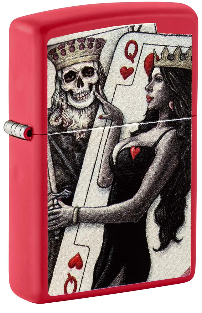 Зажигалка ZIPPO Король скелетов и королева красоты с красным матовым покрытием | Skull King Queen Beauty Red Matte, латунь/сталь, красная, 38x13x57 мм