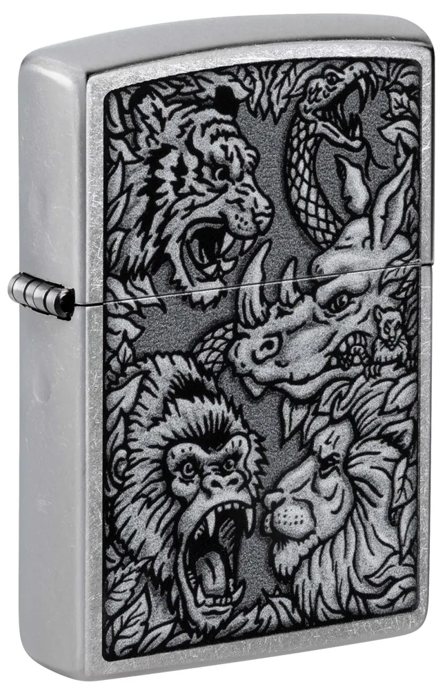 Зажигалка ZIPPO Джунгли с покрытием поцарапанный хром | Jungle Design Street Chrome, латунь/сталь, серебристая, 38x13x57 мм