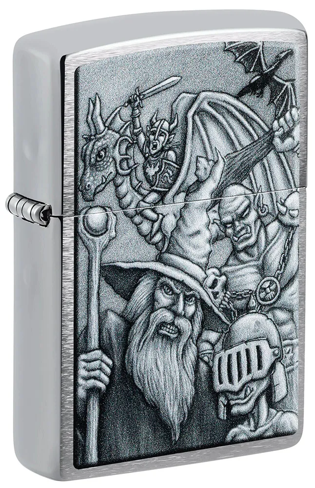 Зажигалка ZIPPO Мифические существа с покрытием матовый хром | Mystical Beings Design Brushed Chrome, латунь/сталь, серебристая, 38x13x57 мм