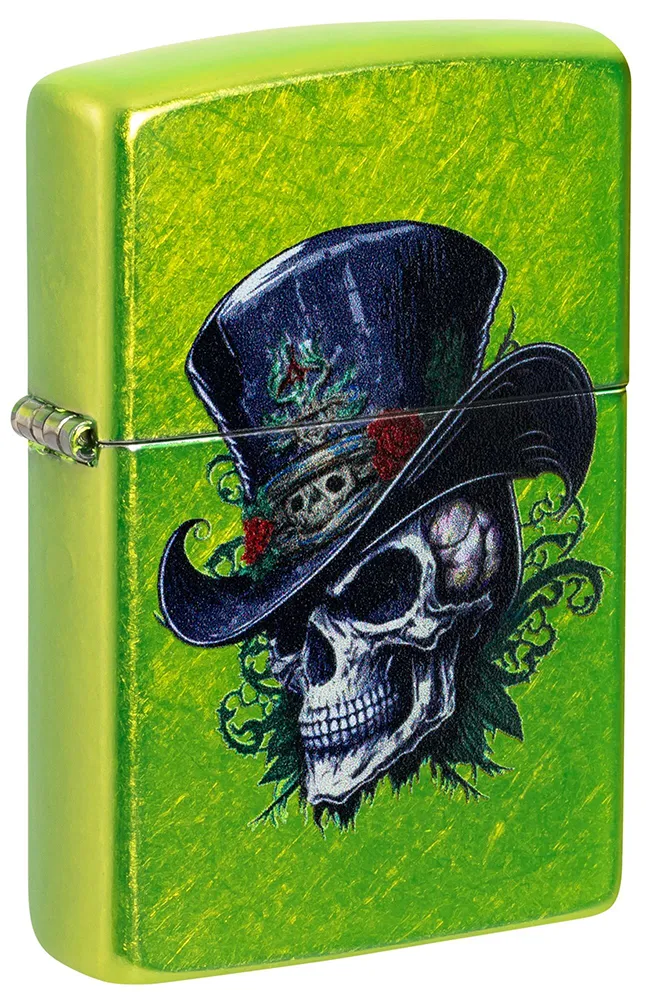 Зажигалка ZIPPO Скелет в стиле стимпанк с кислотным зеленым покрытием | Steampunk Skeleton Lurid, латунь/сталь, зеленая, глянцевая, 38x13x57 мм