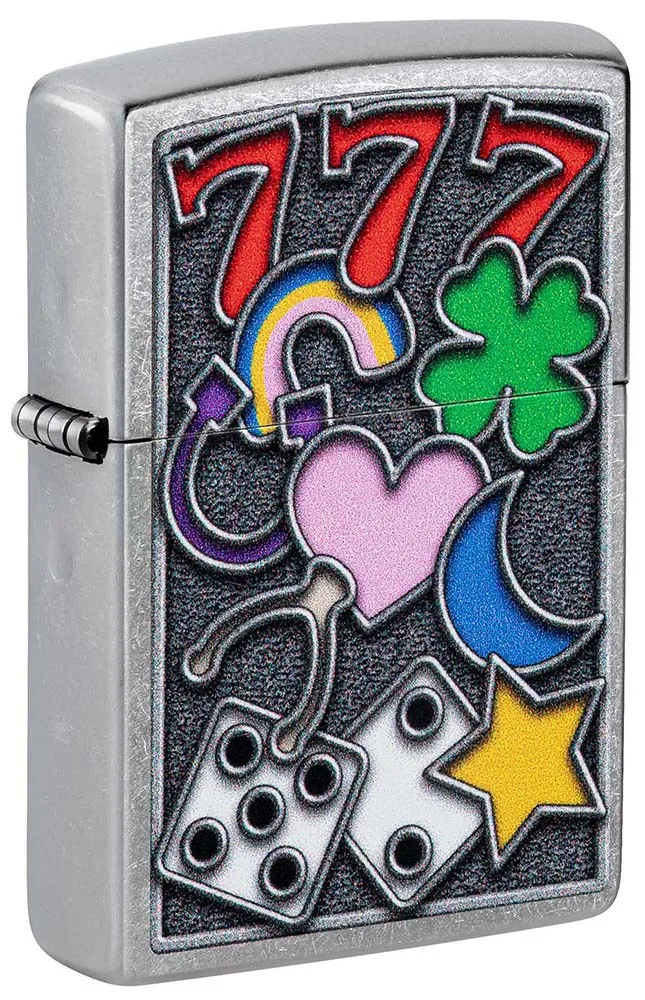 Зажигалка ZIPPO Талисманы удачи с покрытием поцарапанный хром | All Luck Street Chrome, латунь/сталь, серебристая, 38x13x57 мм