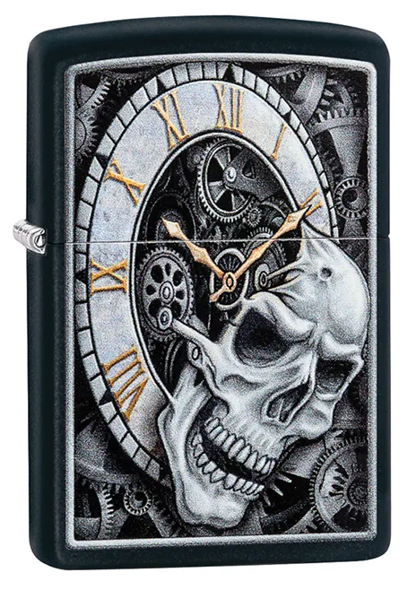 Зажигалка ZIPPO Часы и череп с черным матовым покрытием | Skull Clock Black Matte, латунь/сталь, чёрная, матовая, 38x13x57 мм