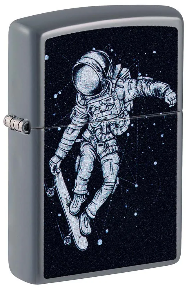 Зажигалка ZIPPO Космонавт-Скейтбордист со светло-серым покрытием | Skateboarding Astronaut Flat Grey, латунь/сталь, серая, 38x13x57 мм