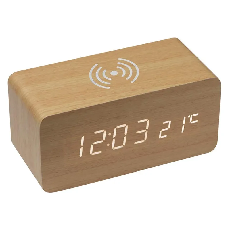 Зарядное устройство 15W Wireless Time Hub с часами, термометром, календарем, светло-коричневое