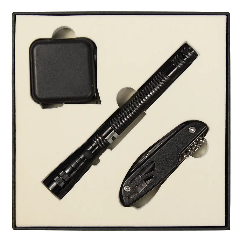 Набор подарочный Solution Superior Trio (Фонарь телескопический Tools Flashlight, рулетка Tools Master, 3 метра, нож складной многофункциональный Tools Driver, 7 в 1) черный