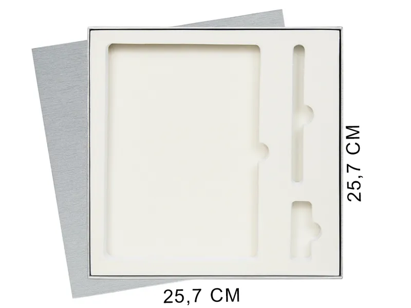 Коробка подарочная Solution Superior Linen под ежедневник, ручку и флешку, серебро, 25,7x25,7 см, бежевый ложемент