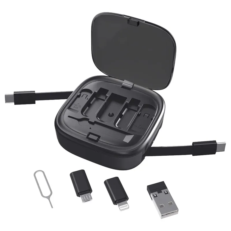Кабель зарядный выдвижной USB Solid Link 5-в-1 на Lightning, Micro-USB, Type-C «U50» 2,4 A, C to C, Quick Charge с подставкой для телефона, квадратный, черный