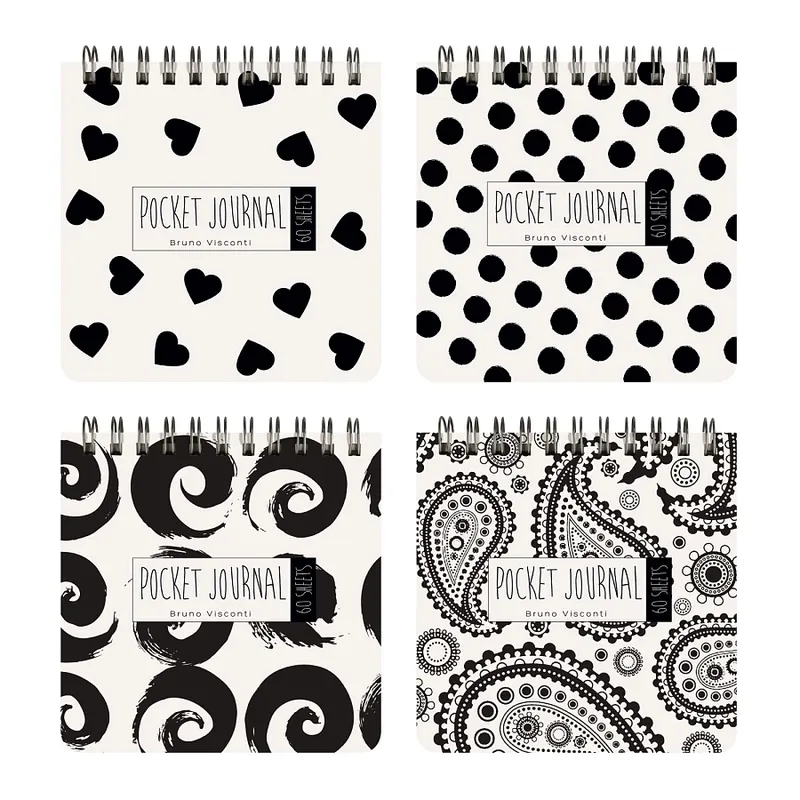 "POCKET JOURNAL" 105 х 105 мм, 60 Л, (4 ВИДA) НА ГРЕБНЕ "BLACK&WHITE"