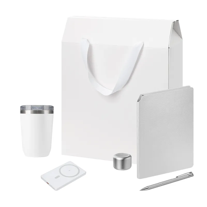 Подарочный набор Велком Пак Премиум (Welcome Pack Premium), серебряный (термокружка, колонка, ежедневник, ручка, ЗУ, коробка-пакет)
